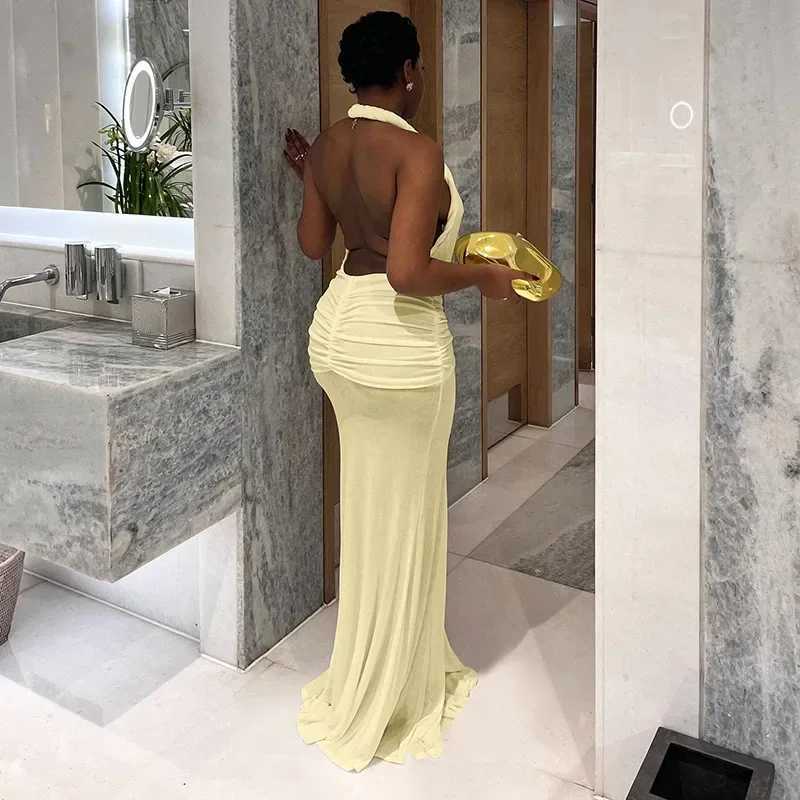 Basic Casual Dresses 2025 Spring Lace Up Ribbon Halter Backless Ruched Bodycon Maxi Evening Party Dress Sexy Dp V-neck Slveless Split Long Robe H25217