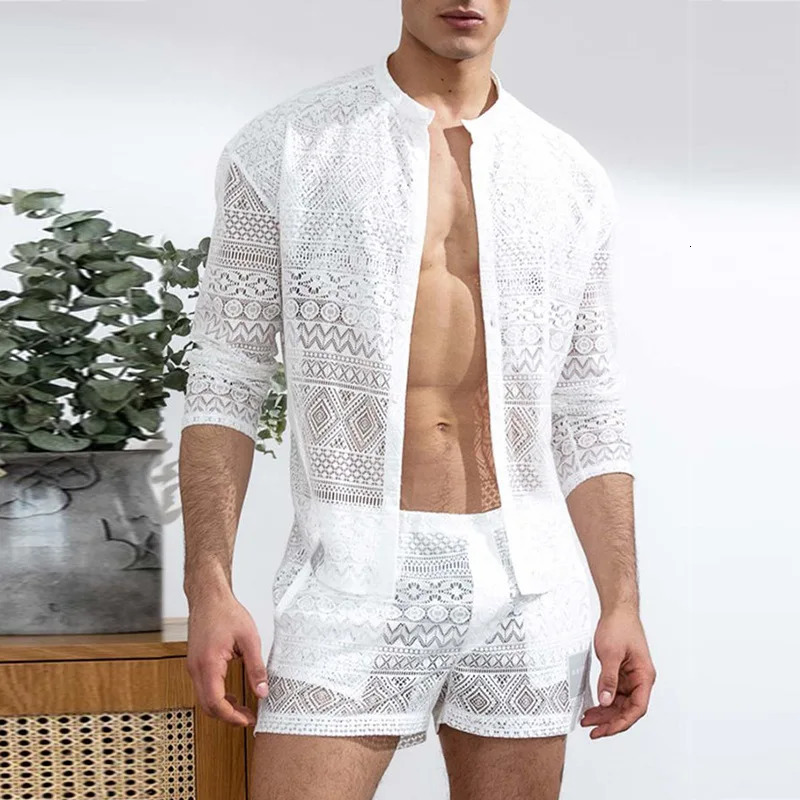 2024 Cross-border European and American mens long-sleeved lace cut-out shirt casual shorts mens suit 250217
