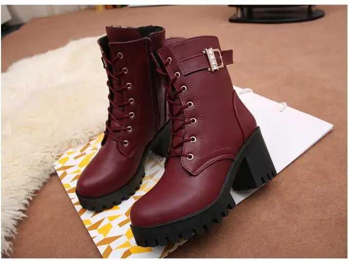 Hot Sale 2022 Women Boots Lace Up Flat Biker Wine Red Boots Shoes Buckle Woman Botas Women BootsXJ250217