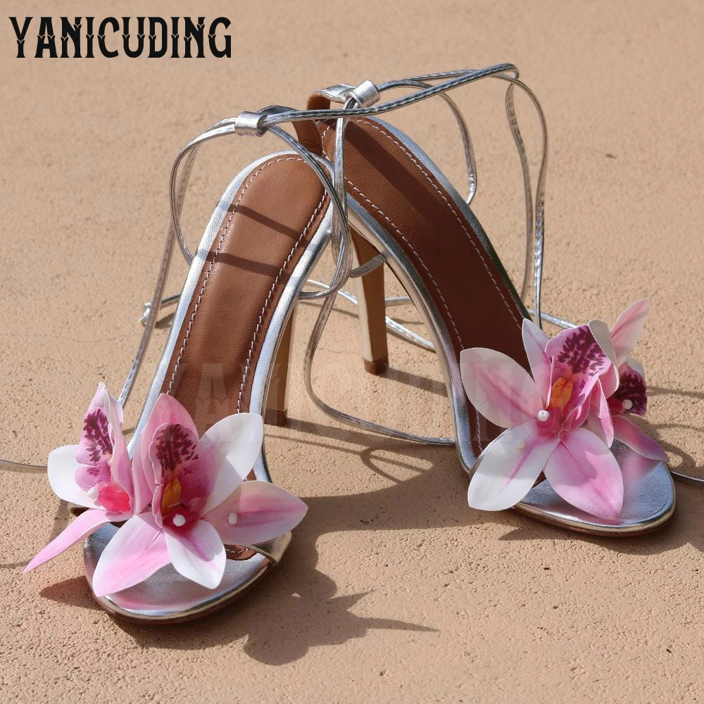 Floral Collection Sandals Multicolor Silk Flowers Beach Vacation Sandals Fashion Style Custom Ankle Strap Stiletto Women Sandals 250214