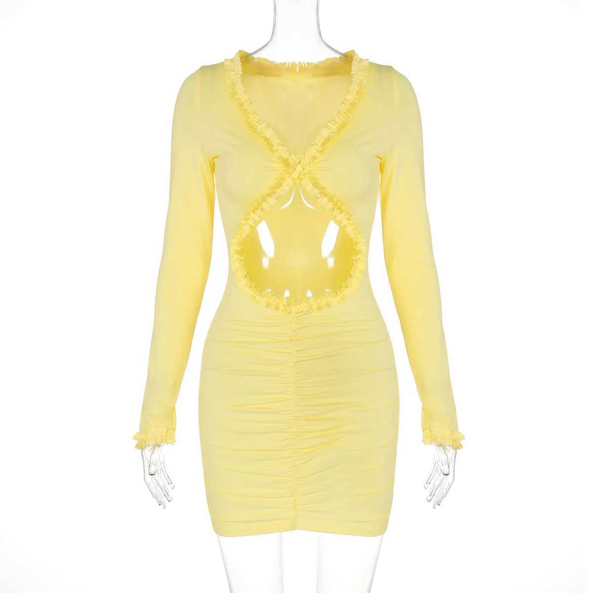 Basic Casual Dresses Lygens V Neck Long Slve Ruffles Hollow Out Hole Mini Short WomenS Dresses Elegant Evening Ladies Dress Casual Clothing H25217