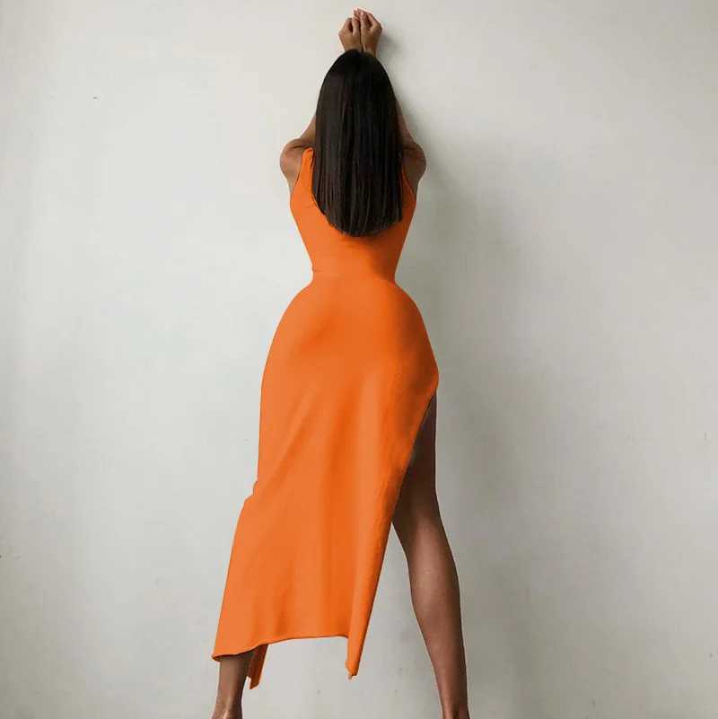 Basic Casual Dresses Y2k Slveless Orange Midi Womens Dresses Side Slit Turtleneck Setting Bodycon Sexy Party Elegant Dress 2024 Basic Vintage Robe H25