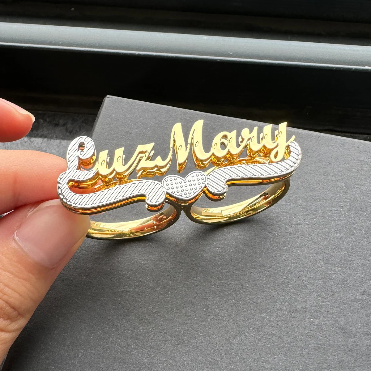 Custom Name Ring Stainless Steel Double Finger Ring Personalized 3D Double Layer Nameplate Womens Ring Jewelry Anniversary Gift 250214