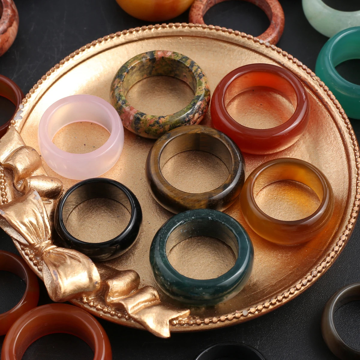 10 PCS Wholesale Natural Stone Ring Agate Unakite Jade Flat Ring 23x9-28x12mm Charm Jewelry Women and Mens Accessories Gift 250213