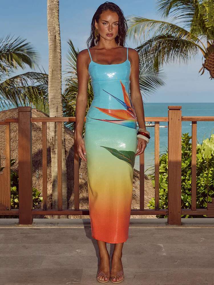 Mozision Ral Print Sexy Maxi For Women Spaghetti Strap Sleeveless Backless Bodycon Slipdress Sequins Club Party Dress