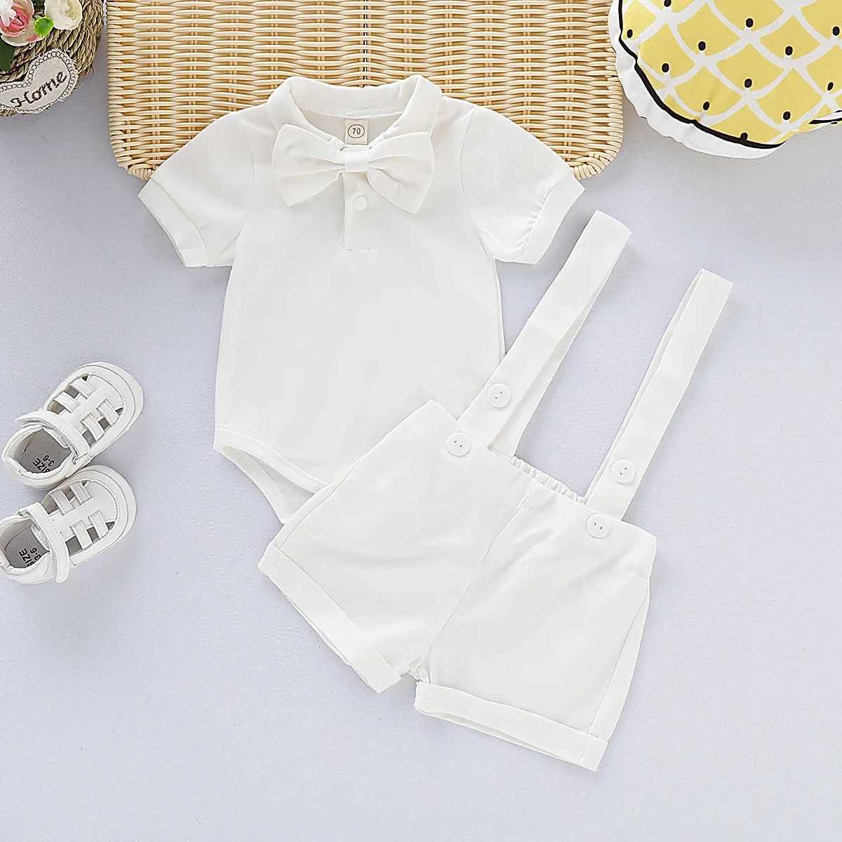0-2 Years Baby Boy Mini Gentlemen Outfits Wedding For Set Peter Pan Collar Cotton Romper+Suspender Shorts Summer 2PCS Suit W250218