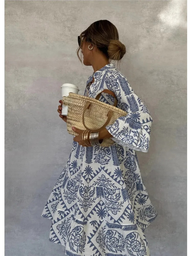 Style Casual Print Three-quarter Sleeve Shirt Dress For Women Summer Fashion V Neck Loose Holiday Casual Dresses Robe Femme 250213