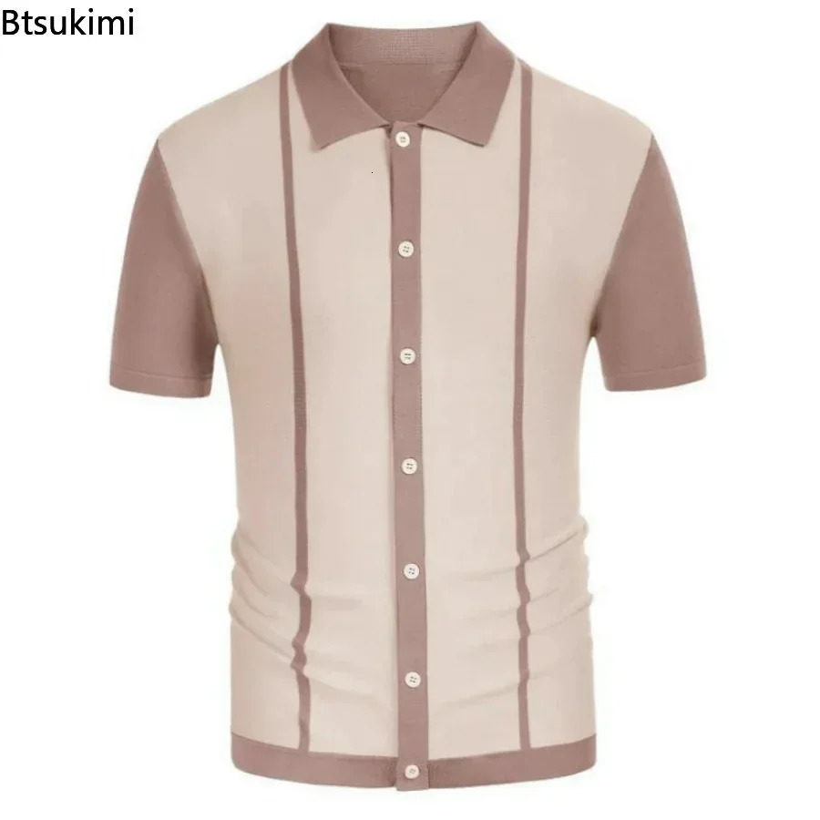2025 Mens Summer Casual Shirts Knitted Patchwork Striped Polo Shirt Men Turndown Collar Button Slim Fit Tops Ice Silk Tshirt 250213