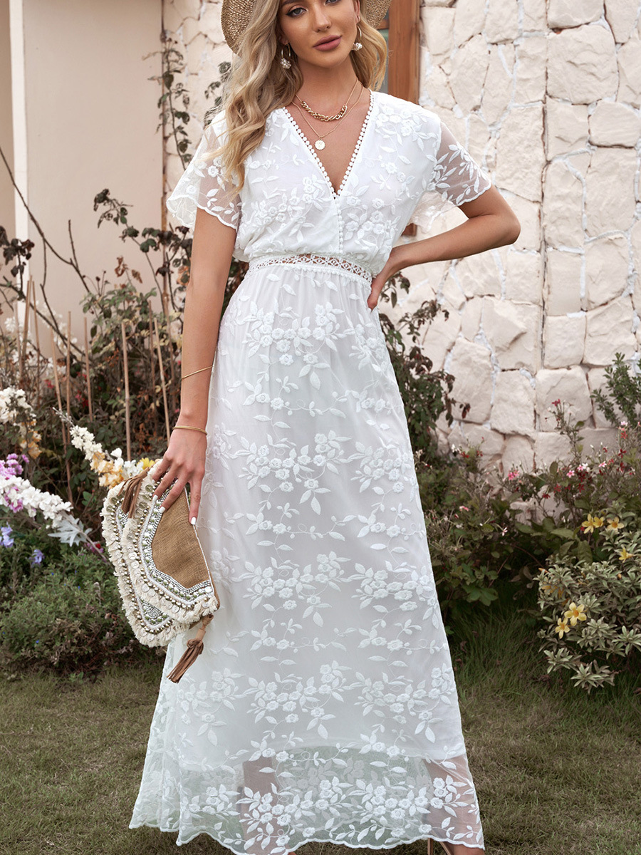 K185120 Summer lace hook flower hollow long skirt female solid color temperament commuting solid color skirt women's clothing