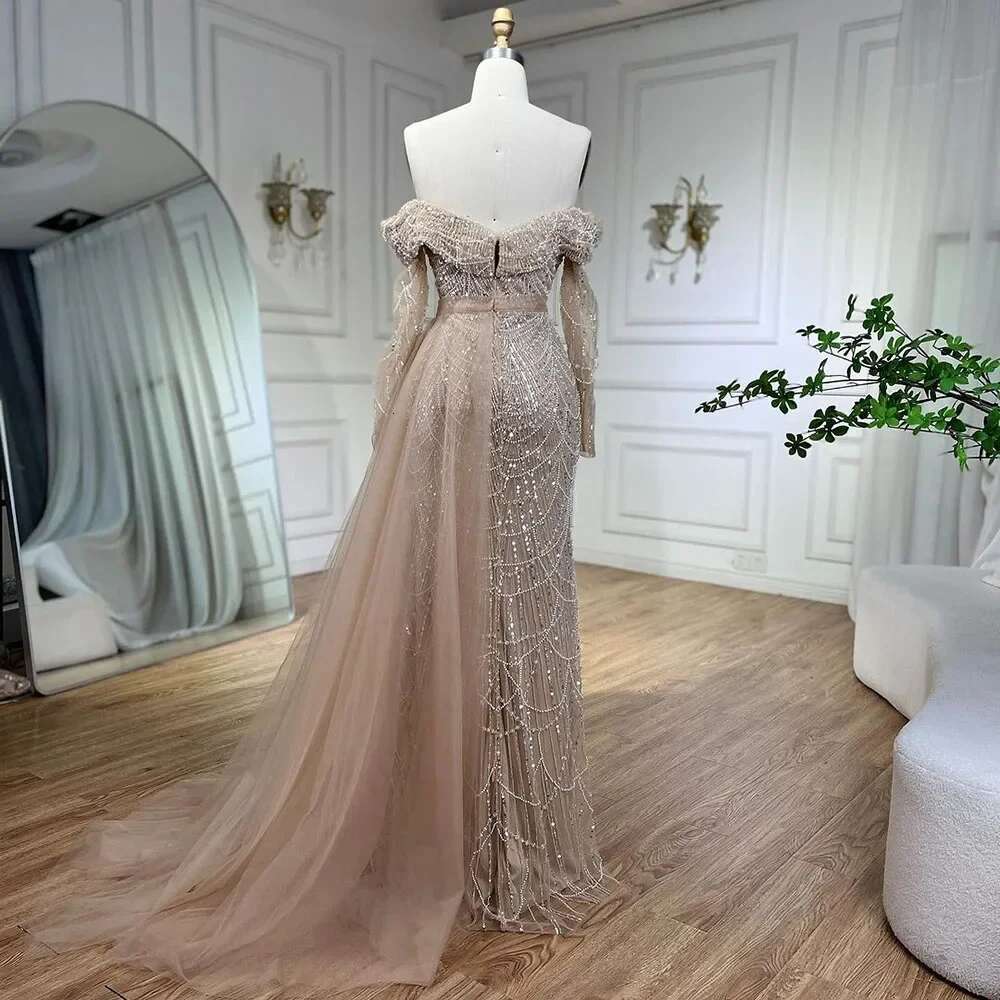 Arabia Dubai Nude Mermaid Boat Neck With Overskirt Evening Dresses Gown Customize Evening Party