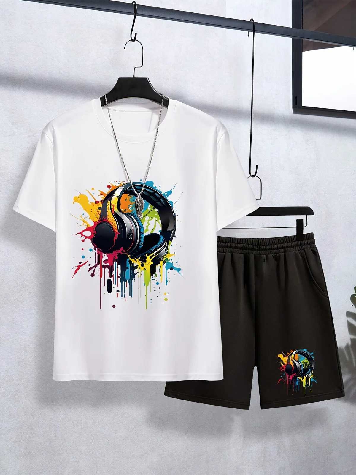 Summer Baby Boy Clothes Set Children Girls Colorful Headset Printed Short Sleeve T-shirts Top and Shorts Bottom Outfits Kid Suit W250218