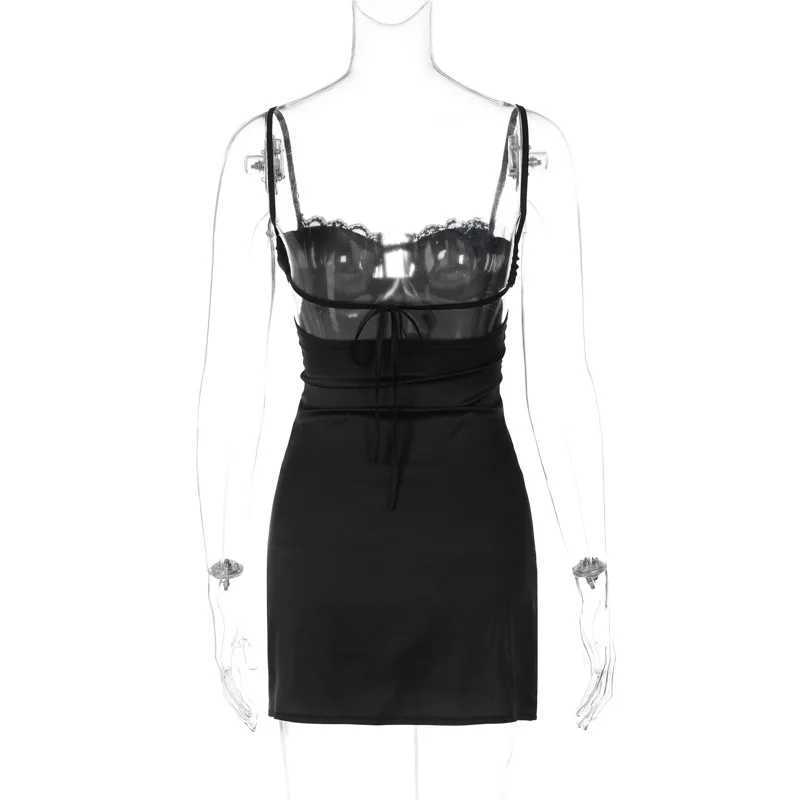 Basic Casual Dresses Lygens Satin Spaghetti Strap Lace Hollow Out Backless Short Slit WomenS Slpwear Dresses 2024 Spring Summer Casual Clothes H25217