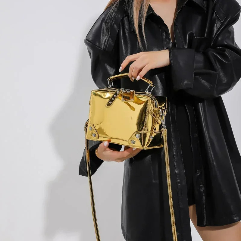 Metal High Gloss Mirror Style Crossbody Bag Handheld Box Bag Makeup Bag Light Versatile Women One Shoulder 250214