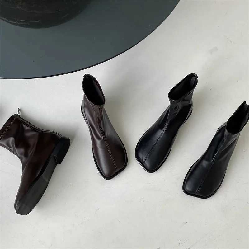 Rock Shoes Woman Autumn Boots Flat Heel Zipper Boots-Women Ladies Ankle Leather Rubber Low 2023 Fabric Square Toe Rome Basic SolXJ250217