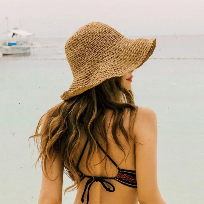 Beach Hats Adults Female Sunscreen Cap Simple Women Straw Hats Summer Sun Hats for Women Lady Folding Travel Caps Female 250218