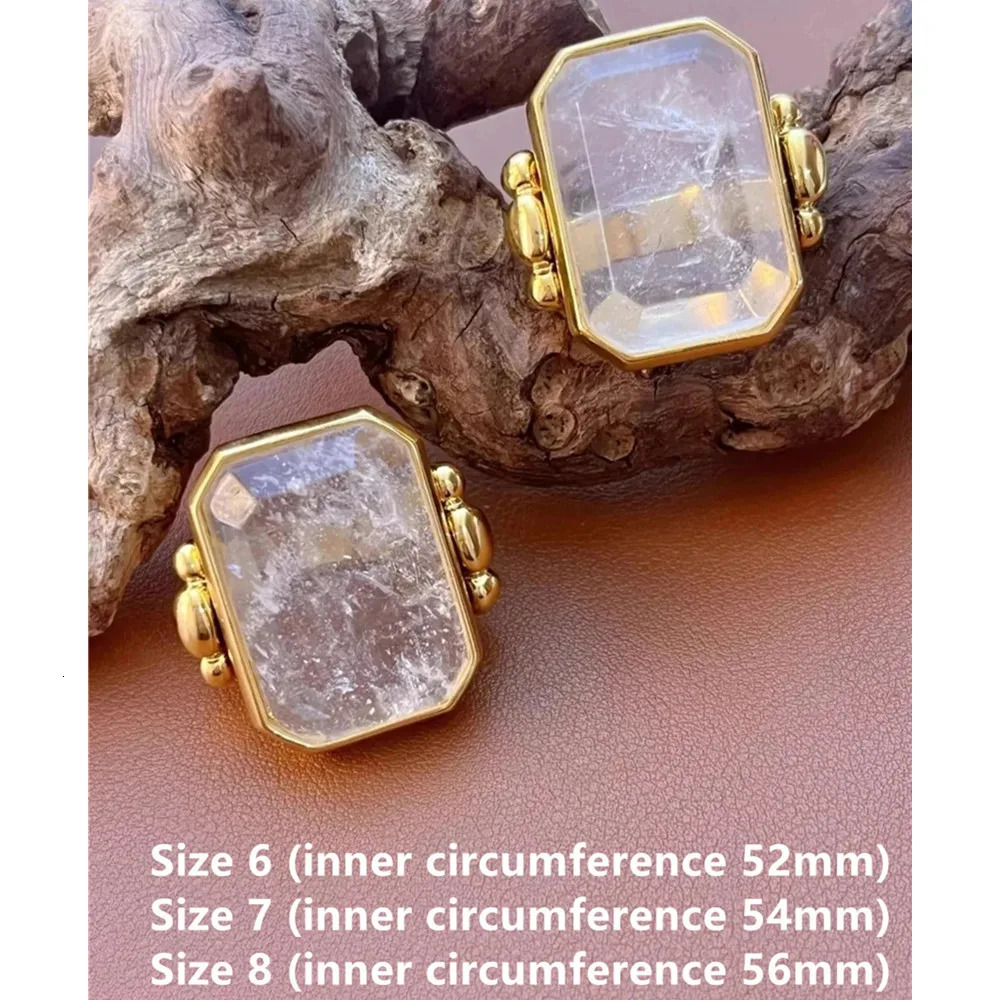 Fashion Square Natural Stone Crystal Ring Gold Color Metal for Women Brass Jewelry 2024 Light Luxury European And American 250218bj - view 7