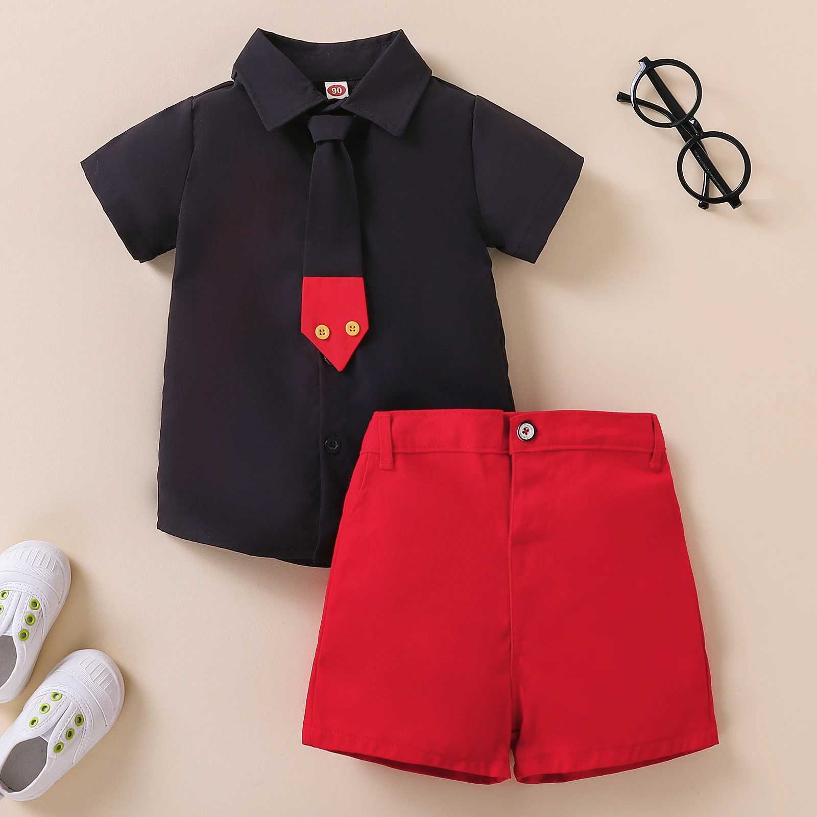 2 Pieces Kids Suit Set Summer Contrast Color Lapel Short Sleeve Shirt with Necktie+ Short Pants for Boys 1-8 Years W250218