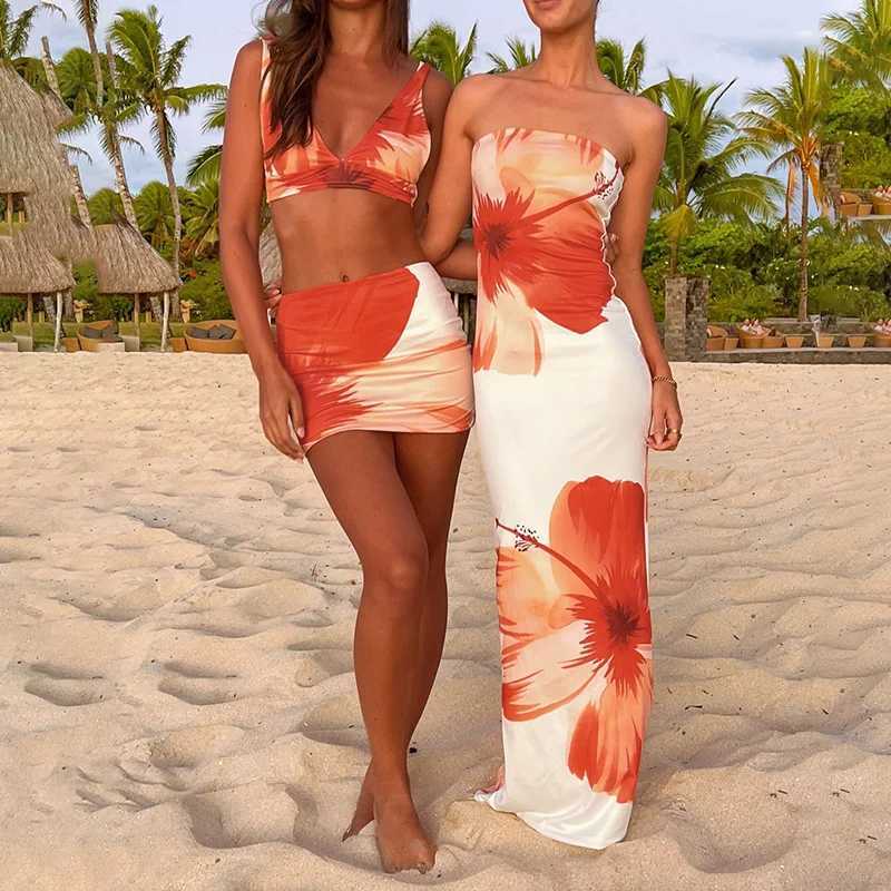 Basic Casual Dresses 2024 New Slim-fit Beach Long Dress Women Floral Print Tubeless Casual Holiday Shoulder Off Comfortable And Elegant Dress H25217