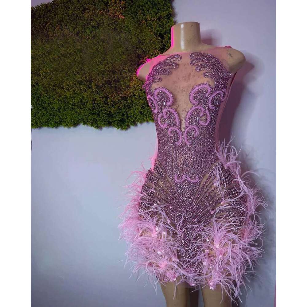 Stunning Sparkly Dia Women Birthday Party tail Gowns Sexy Sheer Pink Feather Mini Short Prom Dresses 2025