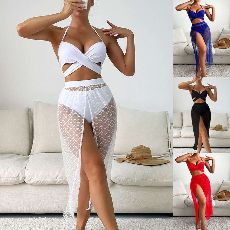 2025 New Solid Color Sexy Mesh Skirt Three Piece Set Women's Bikini Beach Swimsuit Bathing Suits Designer Bikini Swimwear Designer Swimwear New P