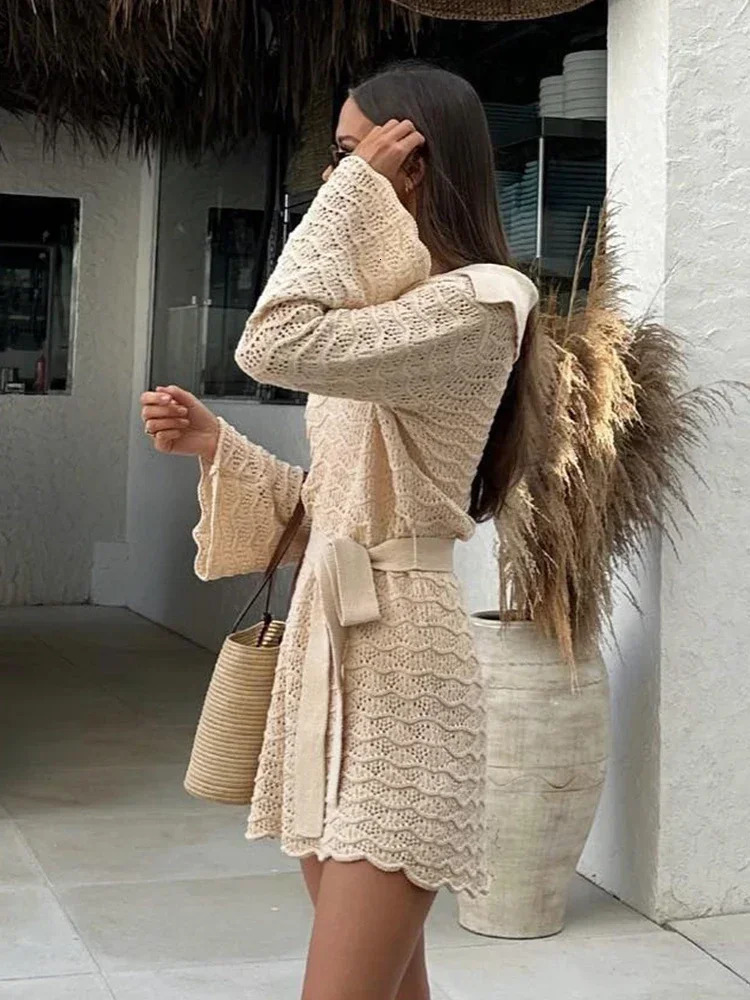 Sexy Vneck Bell sleeve Hollow Knitted Beach Mini Dress 2024 Summer Swimsuit Cover Womens Casual Set K16 250212