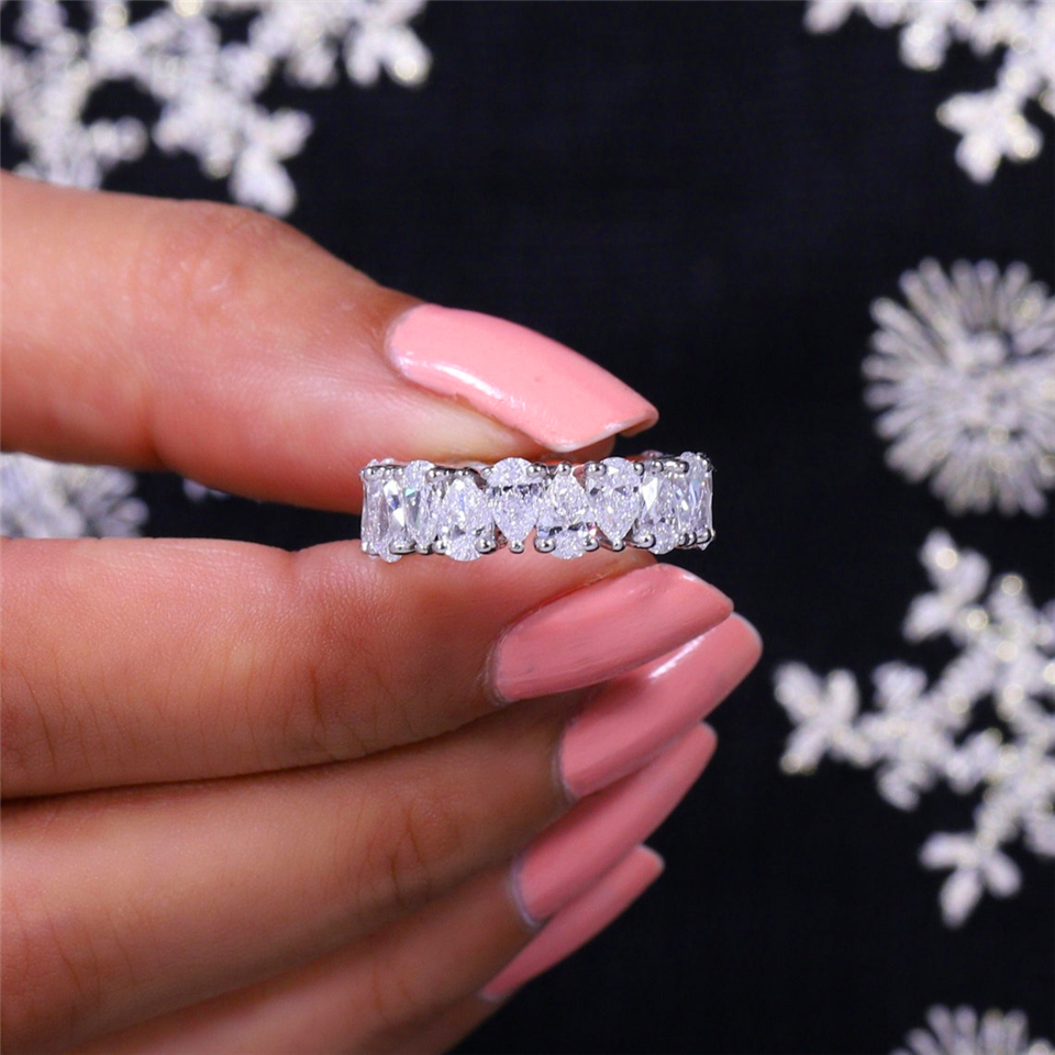 Jewelry 18K Real White Gold Pear Cut 5.0*3.5mm Lab Diamond Full Set Eternity Ring For Women Wedding Band CVD HPHT Gold Anniversary Gift Ring Band