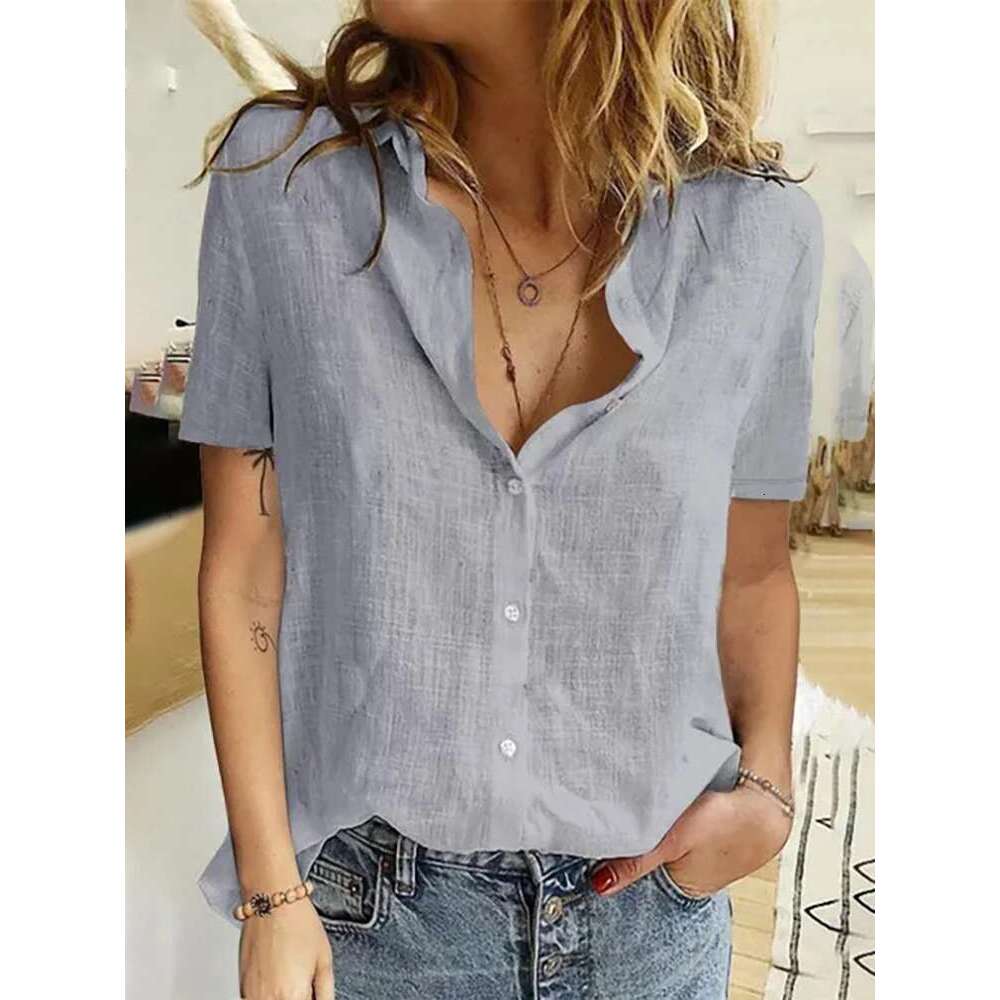 Casual Summer Short Sleeve Solid Loose Shirts Women Elegant Vintage Haruku Cotton En Blouses And Tops Oversized Tunic