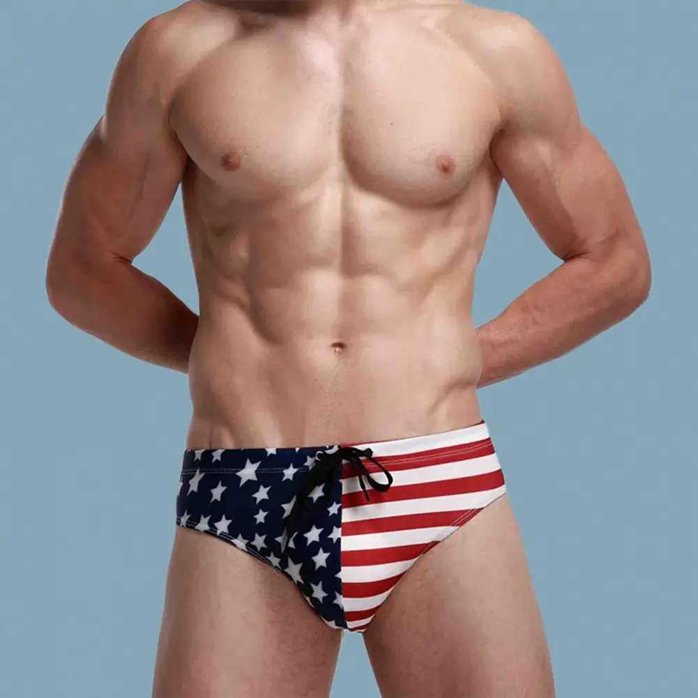 Breathable Men Swim Briefs Trunks Washable Stretchy USA Flags Design Swimming Trunks for Water Activity M250218