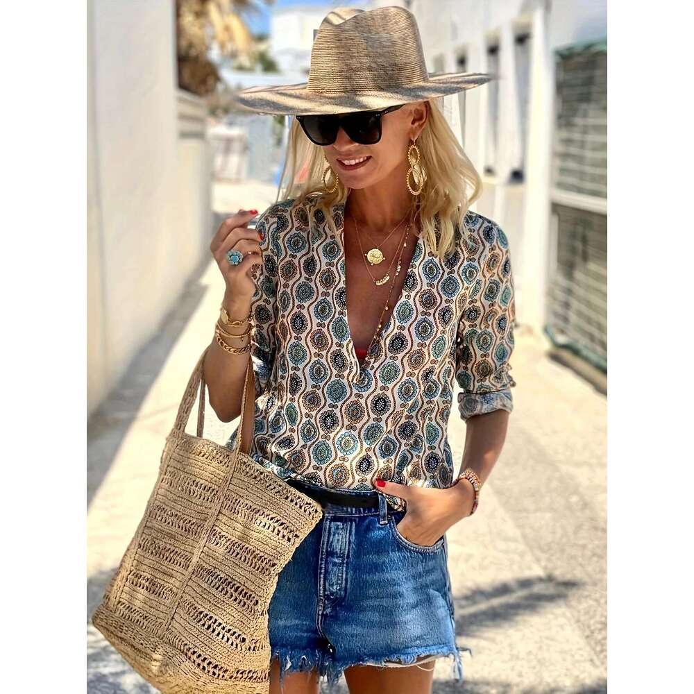 Boho Graphic Print V Blouse, Women's Long Sleeve Cowl Neck Form Fitting Casual Tunic Top Blouse