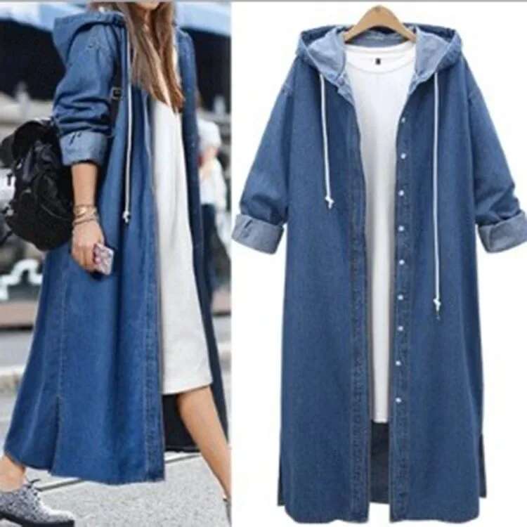 New Korean Version Long Sleeve Hooded Denim Top Single-Breasted Medium-Length Jacket For Women