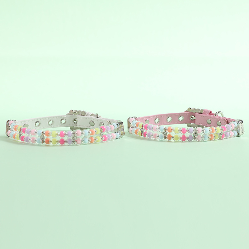 Fashion Dog Leather Collar with Two Rows of Colored Beads, Dog Collar Leash Set for Small Medium Dogs, Pet Neck Decoration, Adjustable Pet Collar Pink