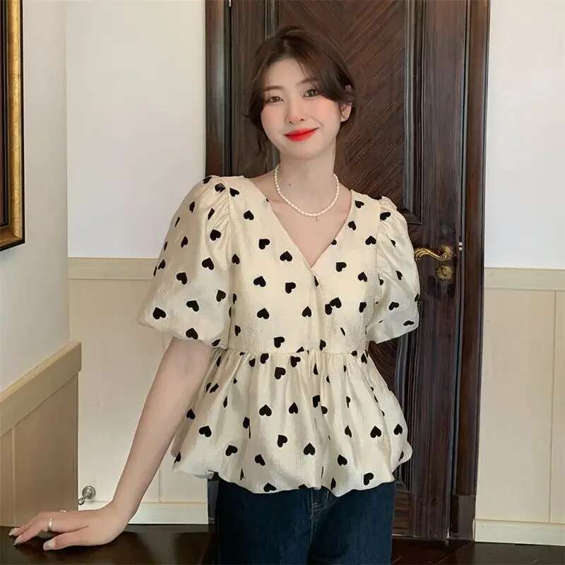 Women Clothing Sweet V Neck ral Shirt Tops Summer New Short Sleeve Print Pleated Loose Temperament T Shirts Fashion Vintage