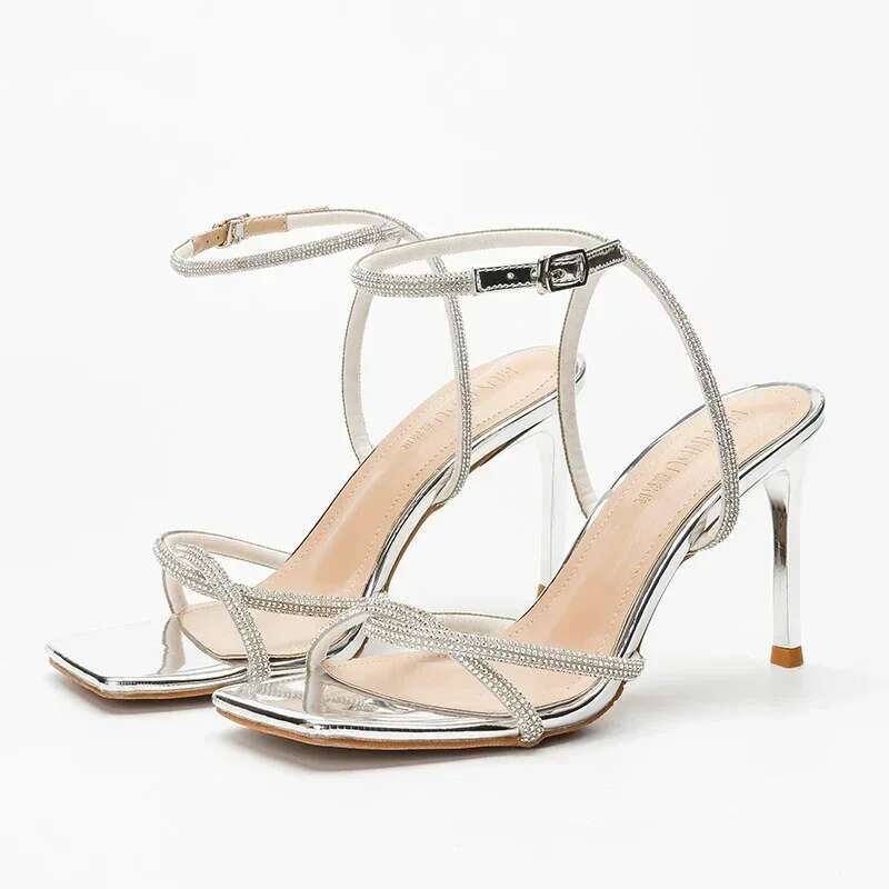 Sexy Woman Rhies Gladiator Sier High Heels Ankle Strap Strappy Sandals Women Stiletto Party Bridal Shoe