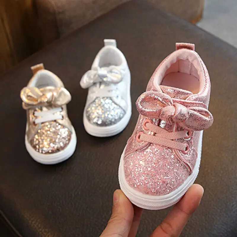 Free Girls Child Soft Sole Sports Shoe Kids Sequins Casual Sneakers Cute Bowknot Shinny Shoes Z250217