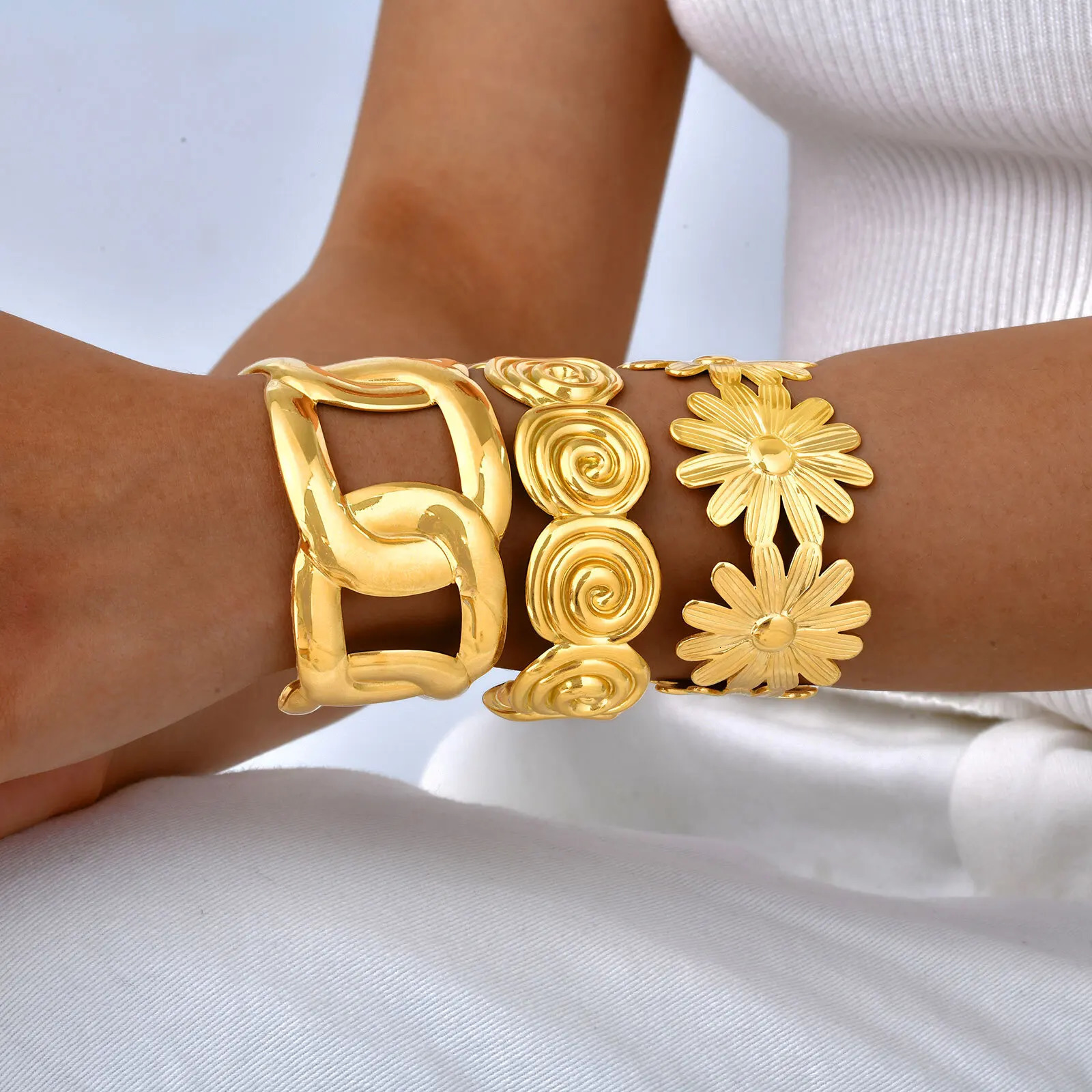 Vnox Stainless Steel Chunky BanglesLittle DaisySpiricle n Charm Link Bracelet Cuff BangleFashion Jewelry For Women Girls 250213