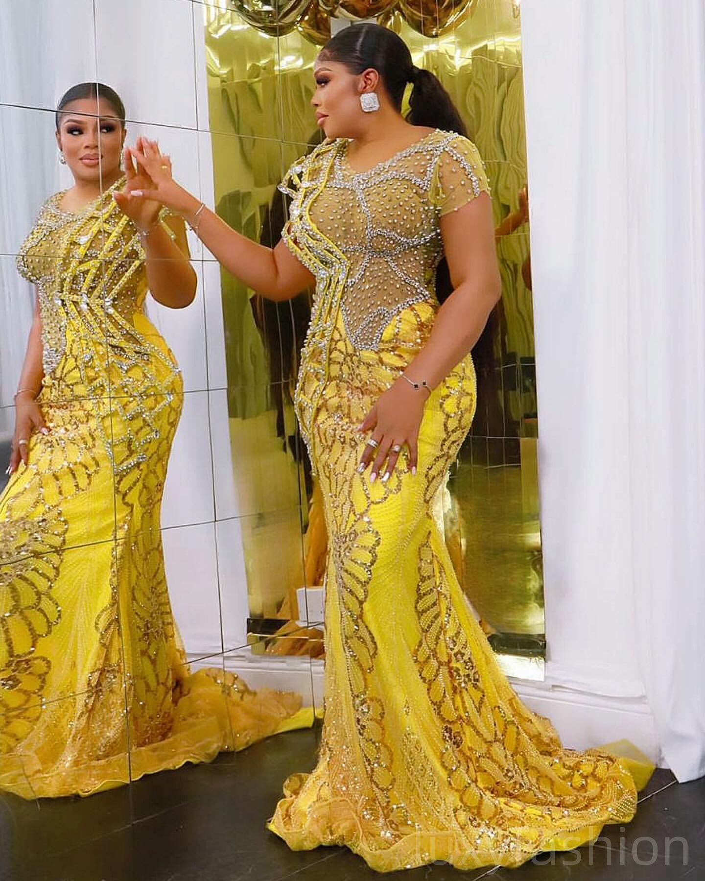 Aso Ebi 2025 Yellow Mermaid Prom Dresses Crystals Beaded Short Sleeves Sequined Evening Formal Party Second Reception Birthday Gowns Dress For Special