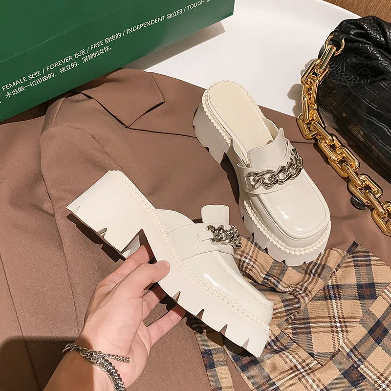 House Slippers Platform Female Shoes Square Heel Slides Fashion Loafers With Cover Toe Women Heels Block High Slides 250213