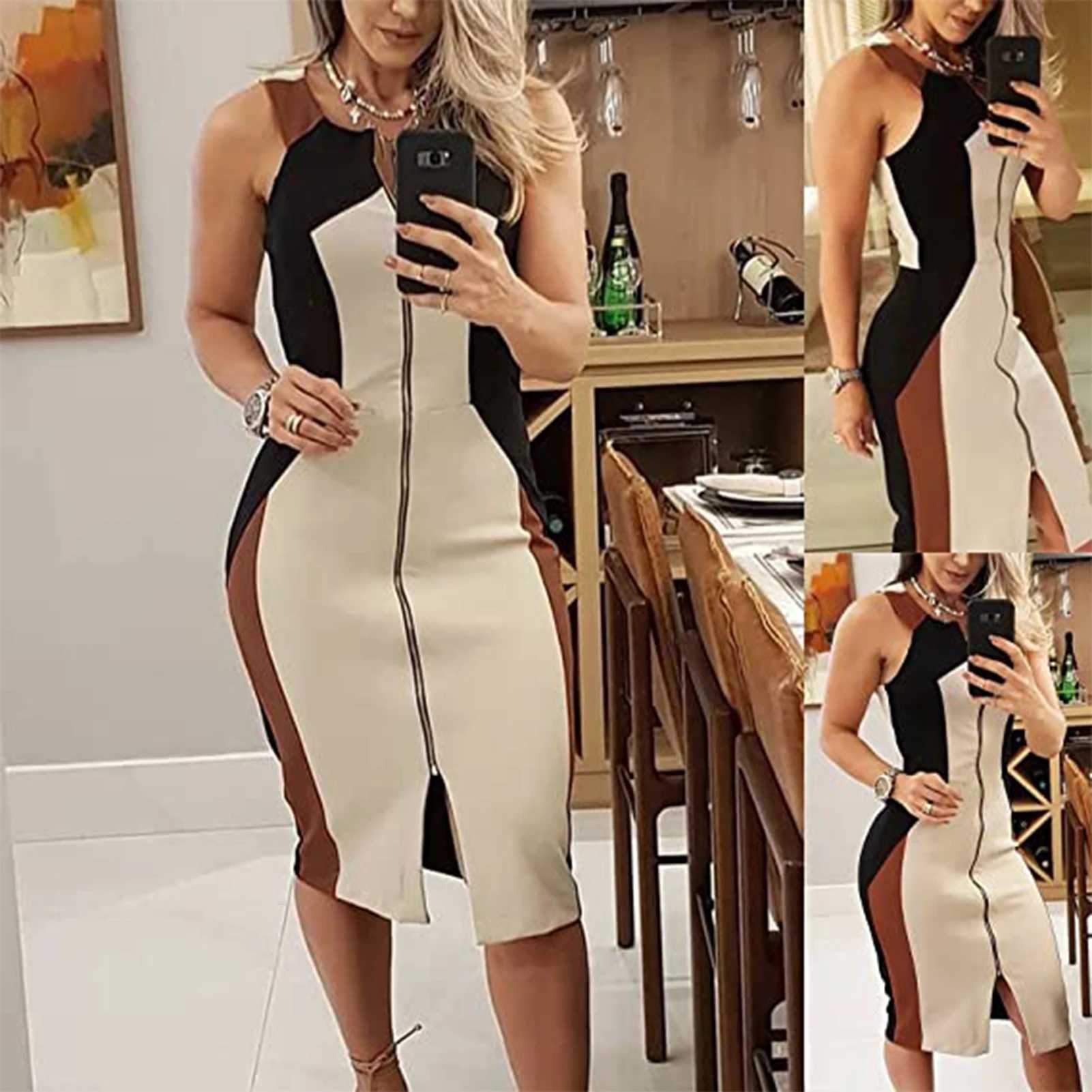 Basic Casual Dresses Women Elegant Slveless Dress Patchwork Irregular Neckline Business Dress for Party Wedding Wear H25217