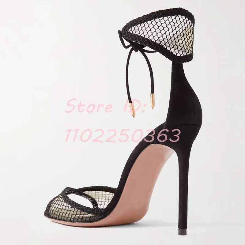 Solid Mesh Ankle Ties Stiletto Suede Round Toe Metal Decor Lace-up Thin Cover Heels Sandals 2024 Lady Elegant Shoes