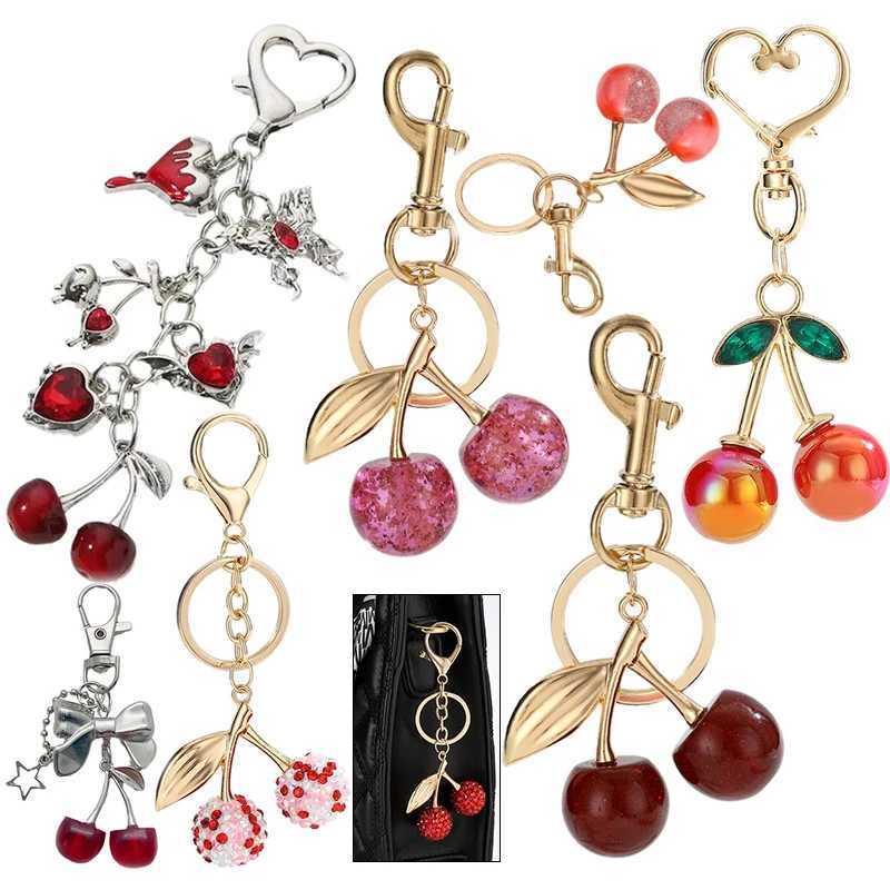 Keychains Lanyards 1Pcs Jewelry Decoration Cherry Fruit Keychain Simulation Fruitage Alloy Set With Diamonds Keyring Ladies Car Bags Pendant H250217