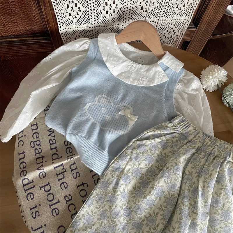 Spring Autumn Children Girls 3PCS Clothes Set Solid Shirts Knitted Vest Floral Loose Pants Suit Toddler Girl Outfits W250218