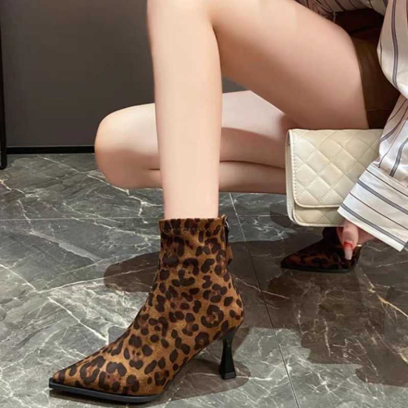 2024NEW Ankle Boots Leopard Women Pointed Toe Ladies Chunky High heel Female Shoes Footwear Plus SizeXJ250217