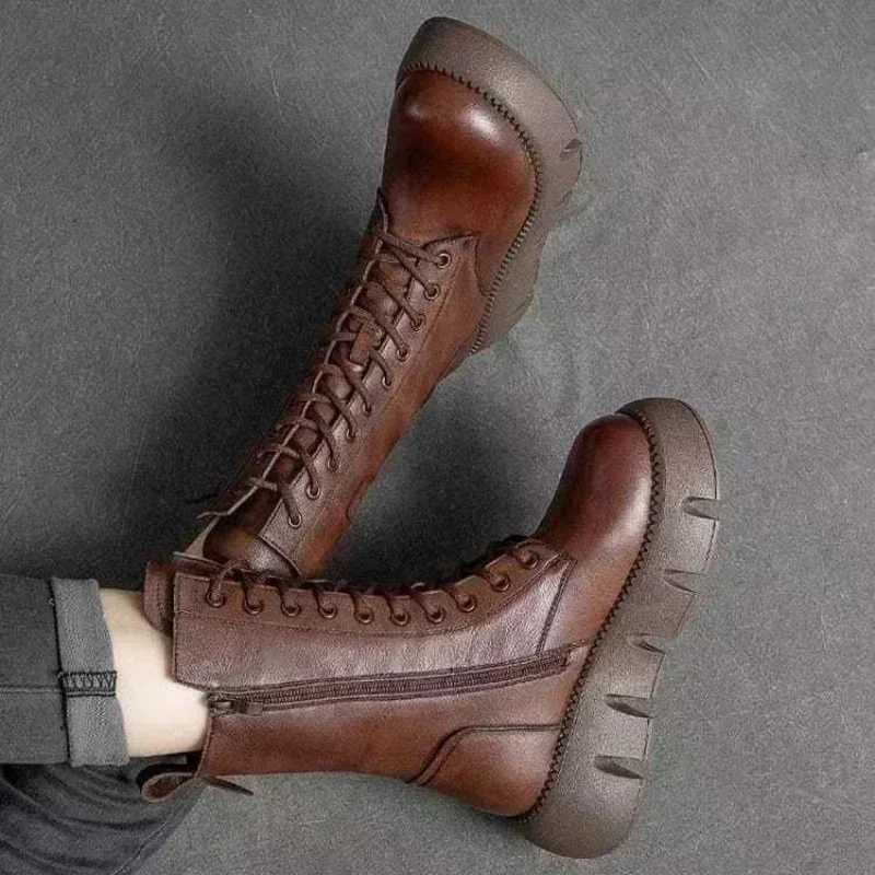 Winter chunky women black brown leather boots 2025 short plush 5cm mid-heel ankle snow boots lace up warm platform girls shoesXJ250217