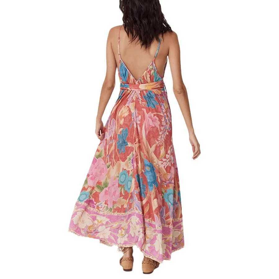 Basic Casual Dresses Ladies Slveless Backless Summer Casual Womens Dresses Flower Printed V Neck Slip Long Dress 2025 Holiday Beach Loose Vestidos H25