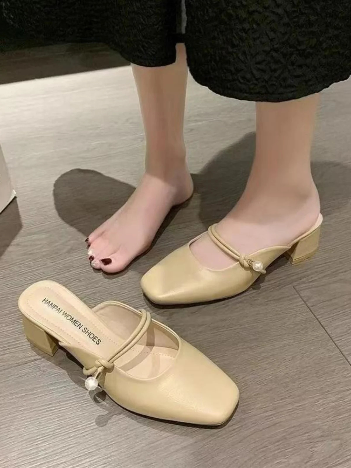 Shoes Womens Slippers Outdoor Med Slides Heeled Mules Loafers Square heel Cover Toe Lady er High Block Girl Fashion 250213