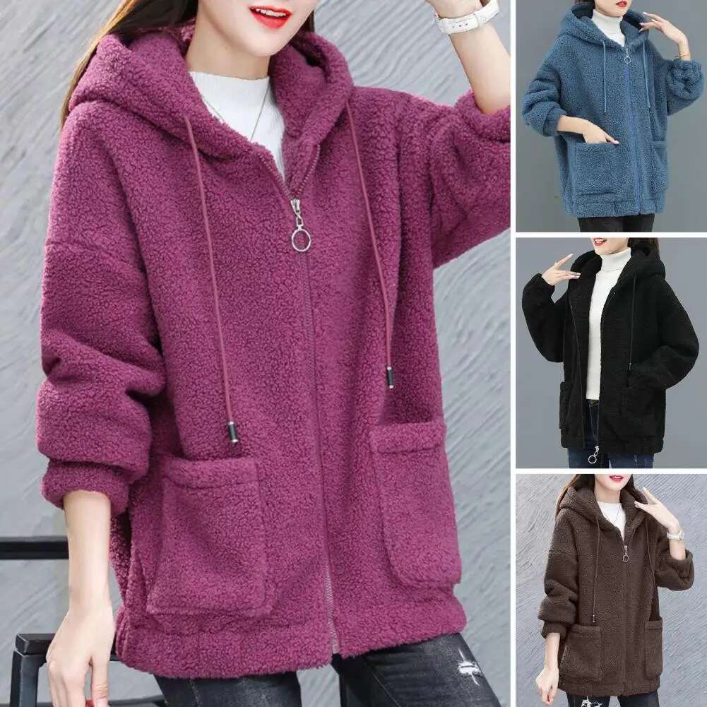 Women Autumn Winter Hooded Drawstring Coat Long Sleeve Pockets Zipper Placket Thick Plush Cardigan Outwear Streetwear