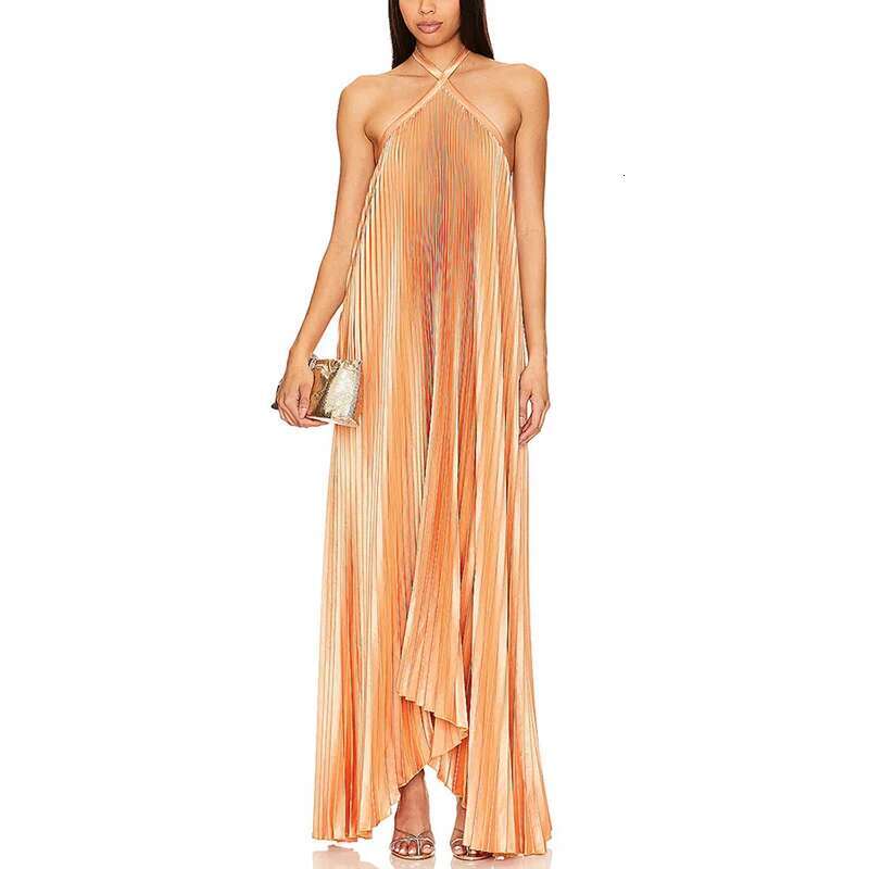 Fashion Pleated Solid Color Long Sexy Halter Hollow Out Loose Evening Women Elegant Sleeveless Backless Party Dress