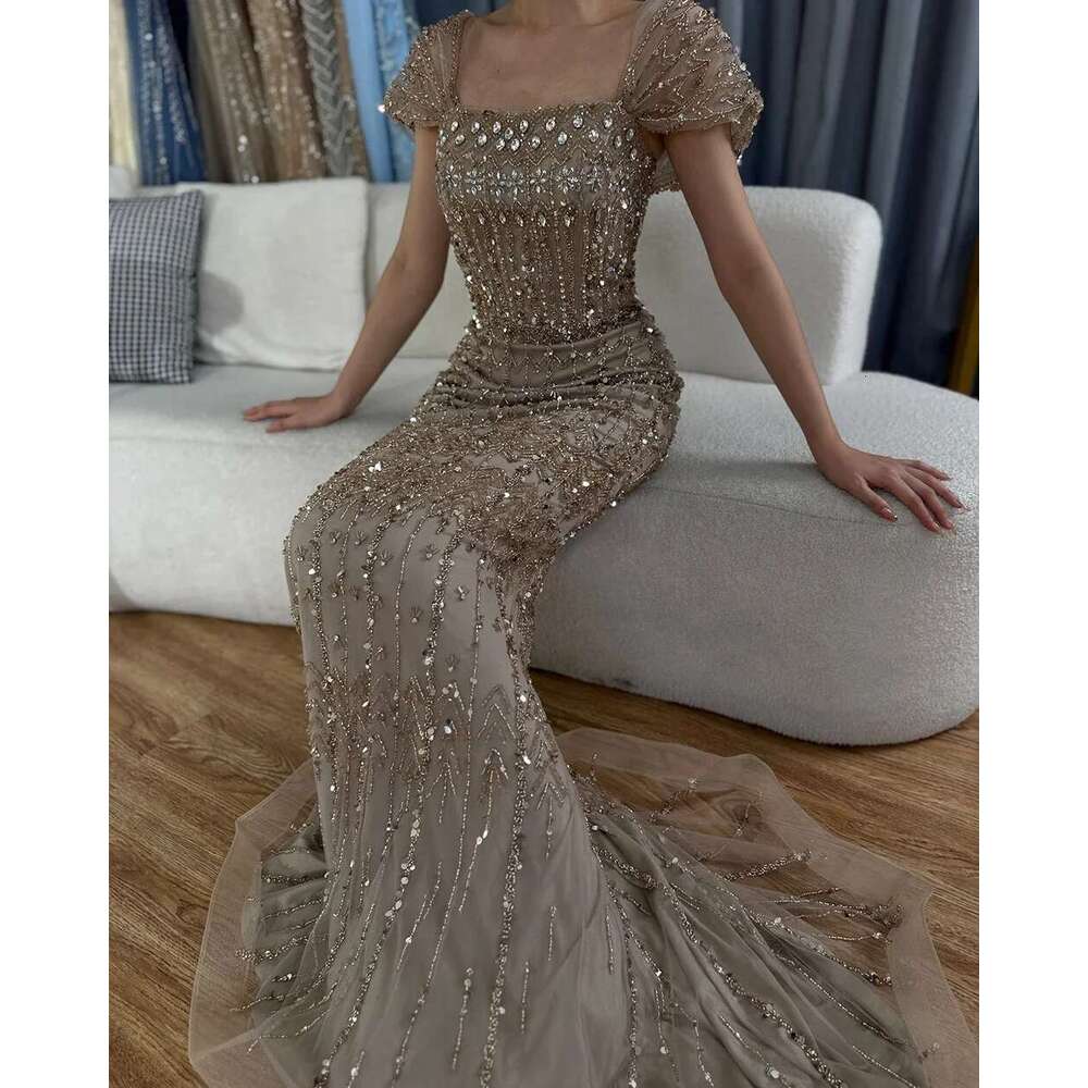 White Arabic Mermaid Elegant Short Sleeves Beaded Long Evening Dresses Gowns Formal Ocn Customize BLA