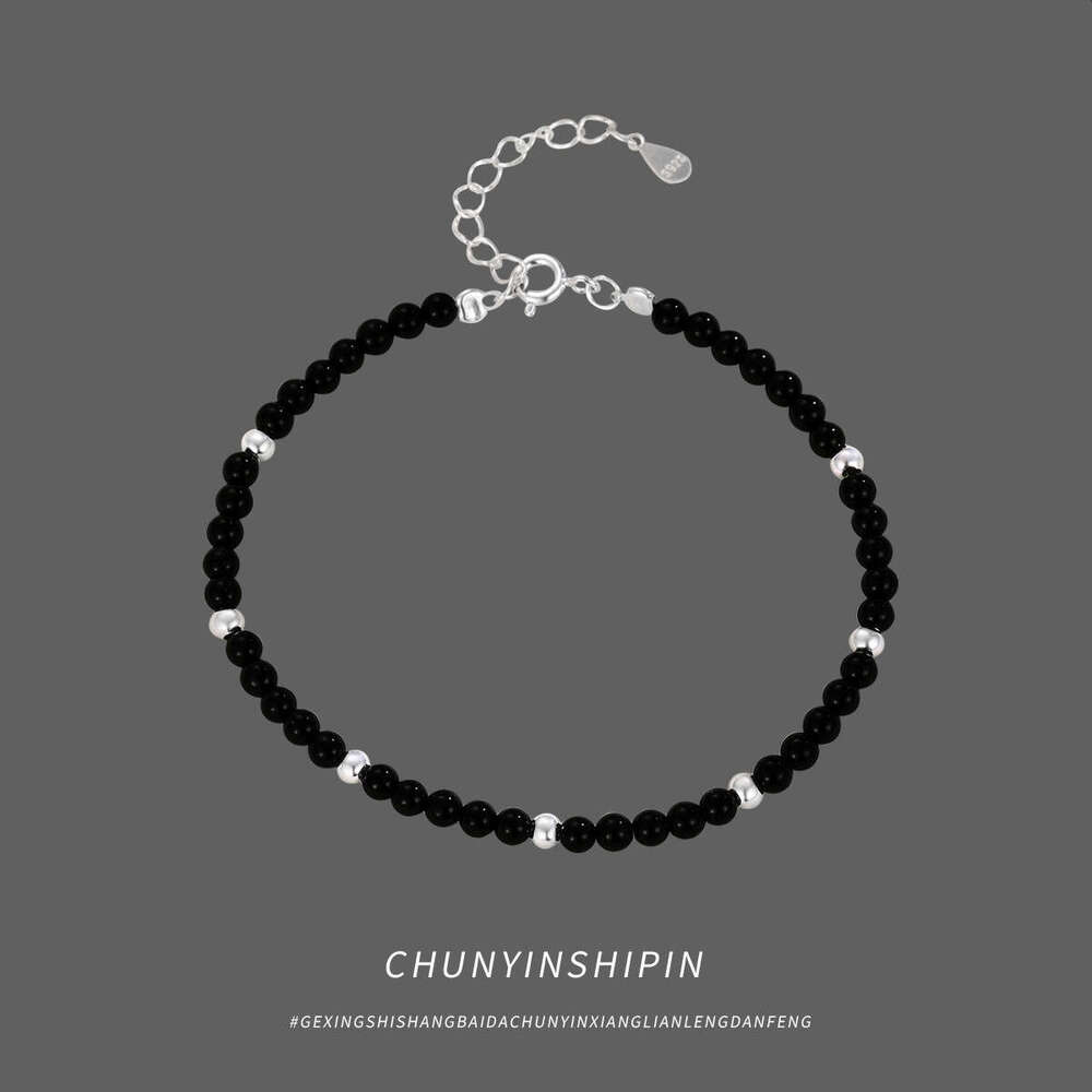 S pure sier versatile round black agate bracelet, niche simple accessory, light fashion, layered bead bracelet for women
