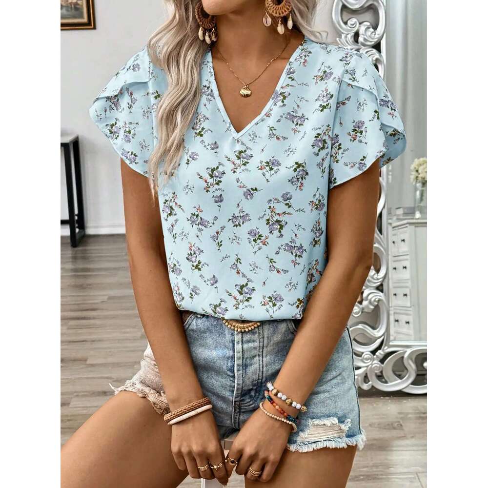 Elegant Casual Women's V-Neck Holiday Ruffled Short Sleeve Ral Summer Shirt For Women